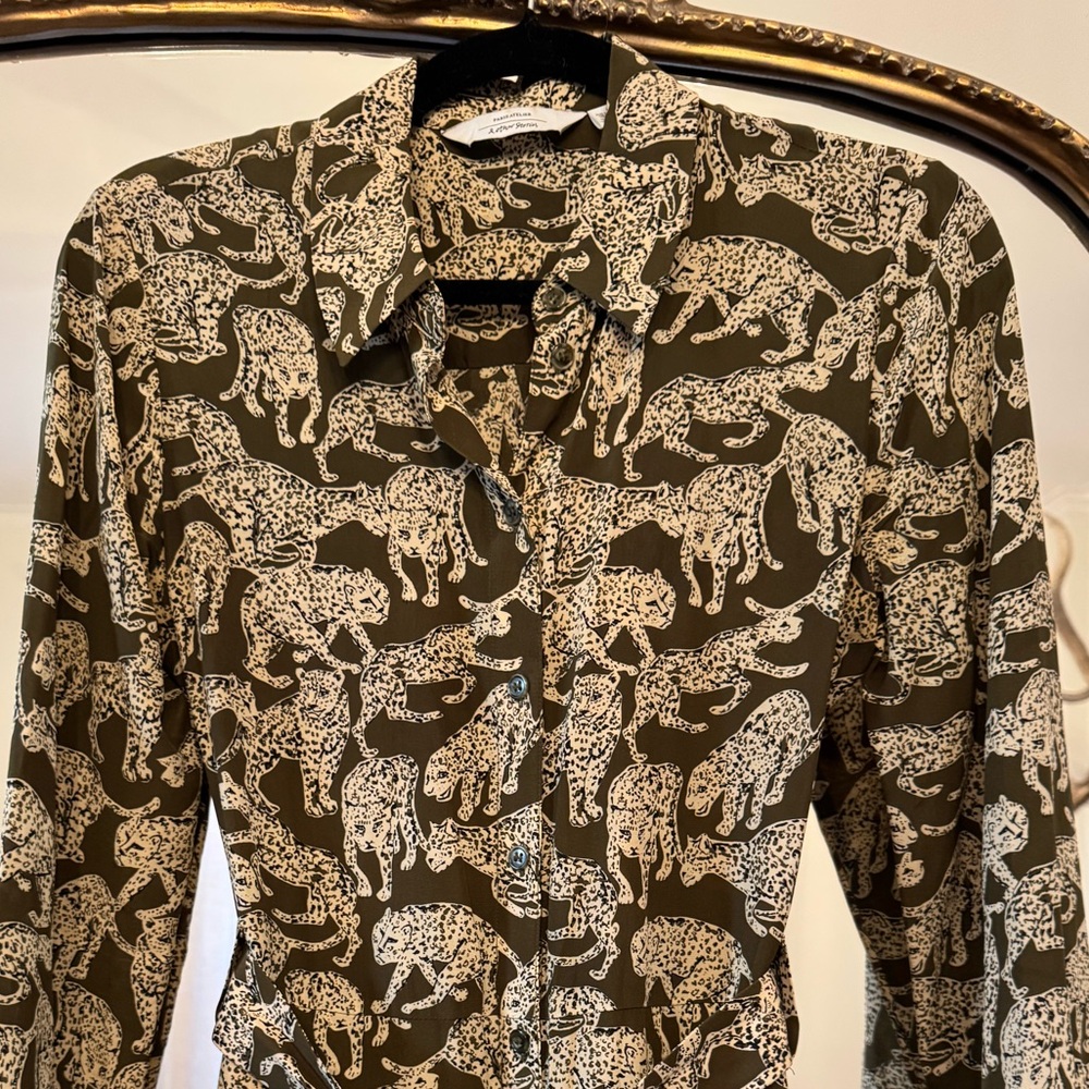 & Other Stories Midi Button Down Dress, Olive Green with Tigers